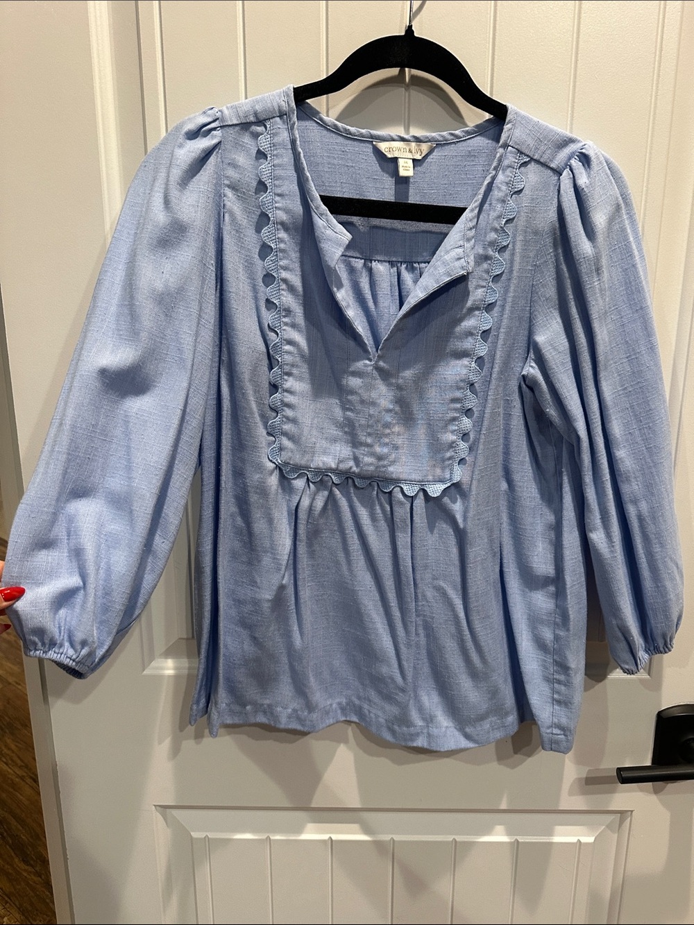 crown & ivy Light Blue Scalloped Bib Blouse